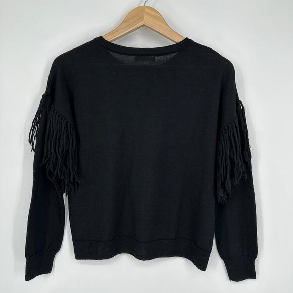ULLA JOHNSON 100% Alpaca Rosa Fringe Shoulder Sweater Crew Neck, Black - Picture 5 of 8